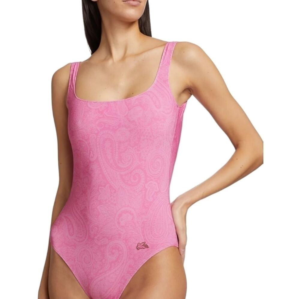 ETRO Pink Paisley One-Piece Swimsuit Square Neck Gold Logo 48 IT 12 US NWT $590